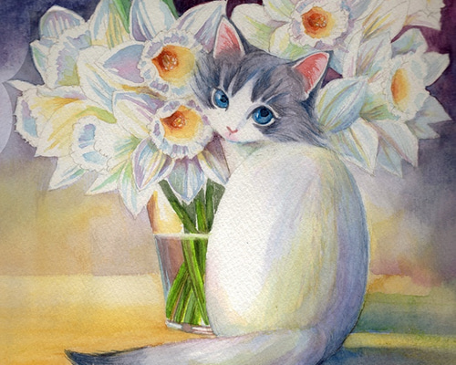 水仙 （猫のいる絵 透明水彩 原画） 絵画 つかもとていこ 通販 6003177