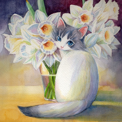 水仙 （猫のいる絵 透明水彩 原画） 絵画 つかもとていこ 通販 6003177