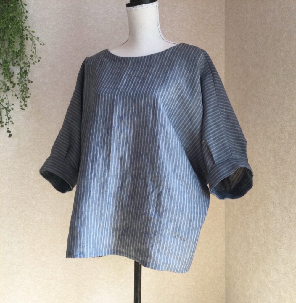 ストライプリネン100%カフスドルマンプルオーバー