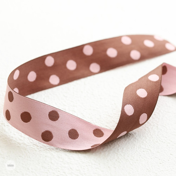 ドイツリボン]ブラウン＆ピンク リバーシブルドット（水玉）リボン