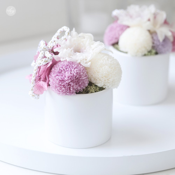 ポンポン菊のミニ和モダンアレンジ(パープル) クリアボックス付き