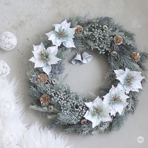 超早割クリスマス2023』ウインターグリーンポインセチアのリース(直径
