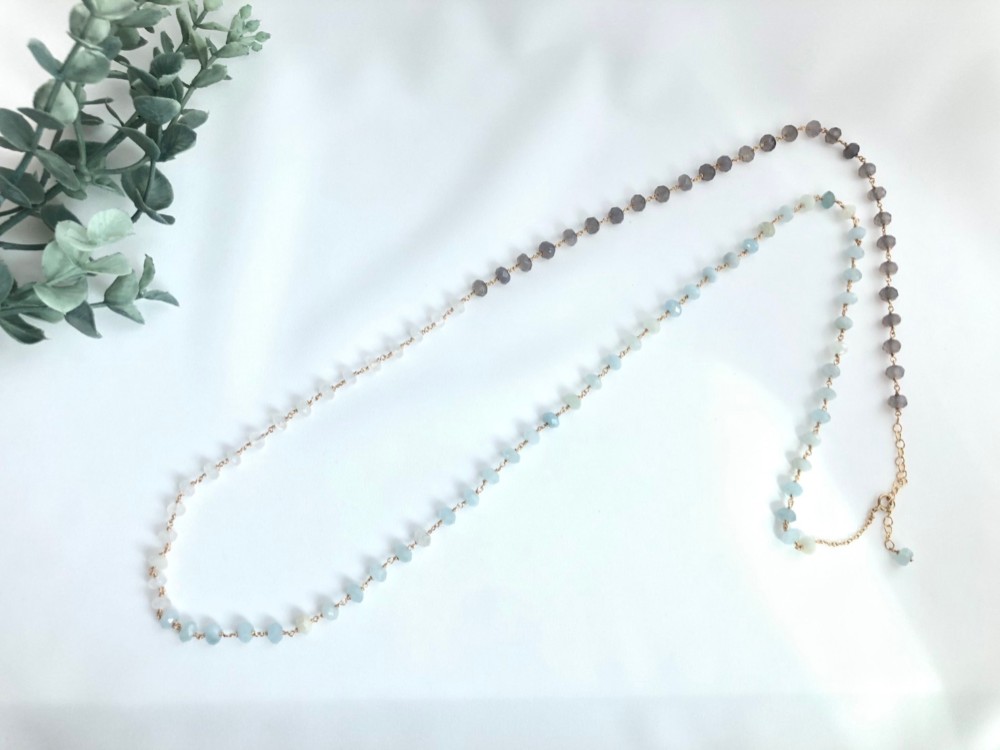 天然石　アクアマリンのロングネックレス　ムーンストーン　グレーオニキス