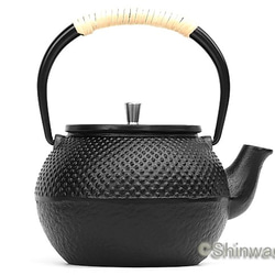 南部鉄器 鉄瓶兼用急須 雅（黒）0.4L 茶漉し付 黒焼付仕上 日本製 ガス対応 藤巻 ステンレス製摘み 1枚目の画像