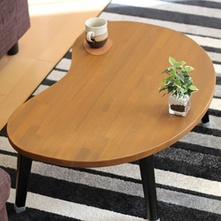 折りたたみ　そら豆テーブル　「まめっこ」無垢材ローテーブル　自然塗装　横幅89㎝　チーク色　アイアン脚 1枚目の画像