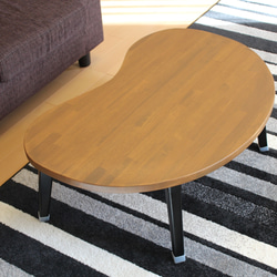 折りたたみ　そら豆テーブル　「まめっこ」無垢材ローテーブル　自然塗装　横幅89㎝　チーク色　アイアン脚 5枚目の画像