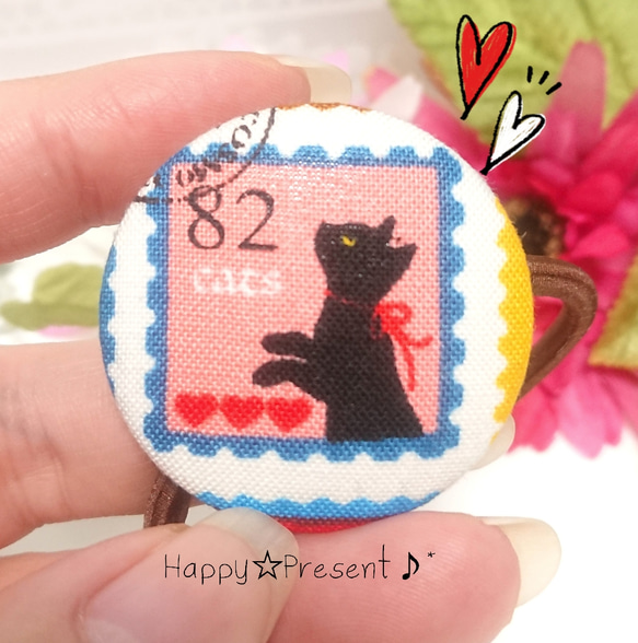 再販！猫の大人可愛いほっこりくるみボタンのヘアゴム❤️✨⑤ 送料無料 黒猫 大人女子 プレゼント ラッピング ネコ ねこ 1枚目の画像