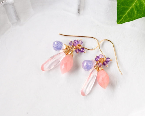 宝石質ローズカットプレシャスオパール k10ロングフックピアス 宝石質ローズカットプレシャスオパール k10ロングフックピアス ピンク