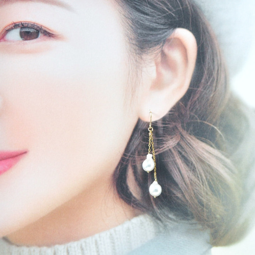 14kgf/アコヤ本真珠バロックピアス14KGF ピアス（フック・チェーン