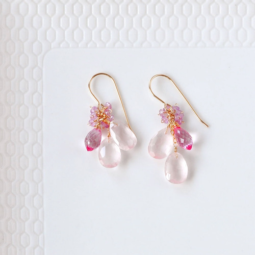 ローズクォーツxピンクトパーズピアス14Kgf ピアス（フック・チェーン  