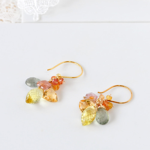 レモンクォーツxモスアクアマリンピアス14kgf ピアス（フック  