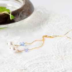14kgf / Akoya 珍珠 x 錫蘭藍寶石美式鍊式耳環 第4張的照片