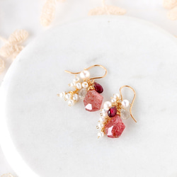 14kgf / Strawberry Quartz x Rhodolite Garnet x Pearl Earrings 第1張的照片