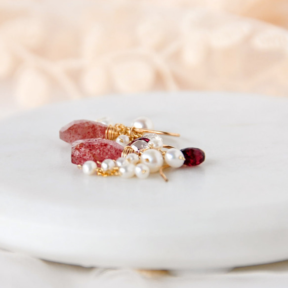 14kgf / Strawberry Quartz x Rhodolite Garnet x Pearl Earrings 第2張的照片