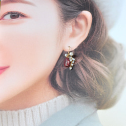 14kgf / Strawberry Quartz x Rhodolite Garnet x Pearl Earrings 第4張的照片