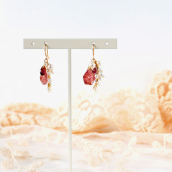 14kgf / Strawberry Quartz x Rhodolite Garnet x Pearl Earrings 第6張的照片