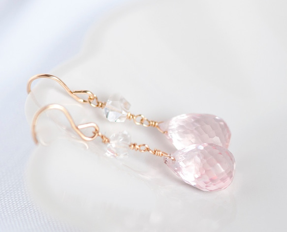 高品質*櫻花玫瑰石英+ Herculima  - 鑽石鉤形耳環 第2張的照片