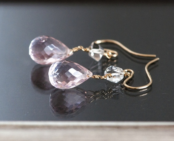 高品質*櫻花玫瑰石英+ Herculima  - 鑽石鉤形耳環 第4張的照片