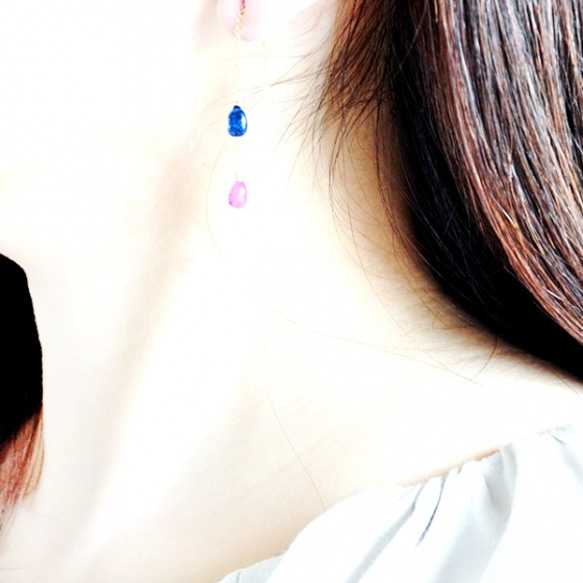 藍色藍晶石+粉色藍寶石美國鍊式耳環 第3張的照片