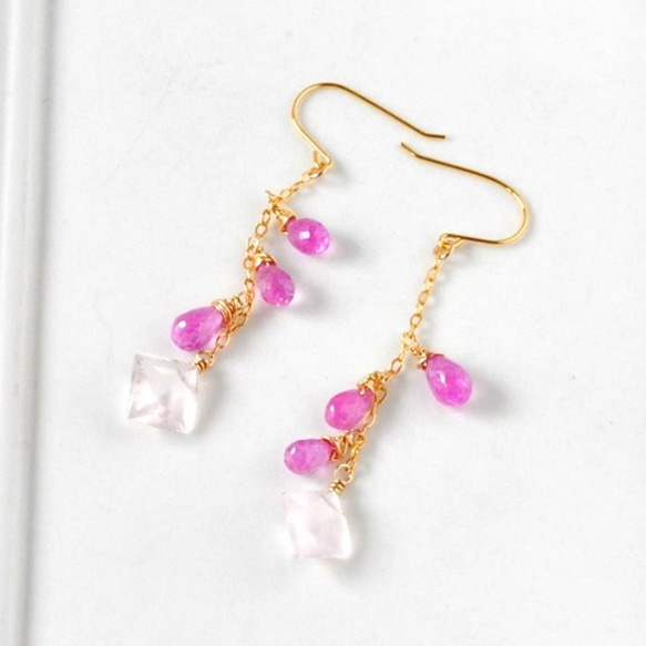 櫻桃色玫瑰石英x粉紅藍寶石耳環 第4張的照片