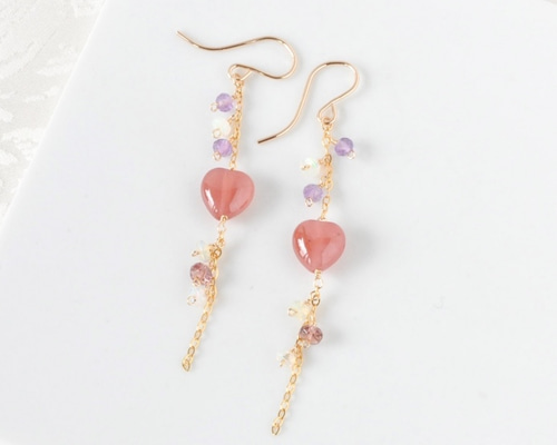 特価429 14kgf宝石質ローズクォーツハートカットのピアス 14kgfハートのインカローズx小さな天然石ピアス ピアス（フック