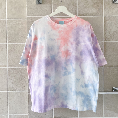 ピンク×水色×パープル タイダイ染め ビッグシルエットTシャツ M〜XL 綿 