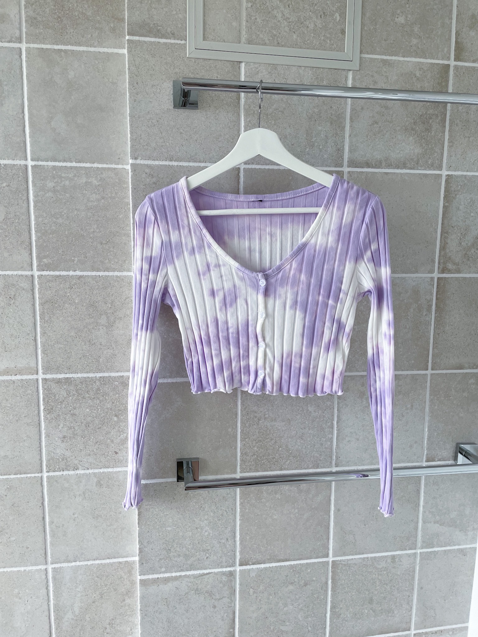 タイダイ柄　　ショート丈リブカットソー　海外Sサイズ　ラベンダー　ライトパープル　コットン　手染め