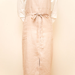 日本製国産リネン100% ピンクベージュ フルエプロン ロング 巻きスカート 2wayタイプ 2枚目の画像