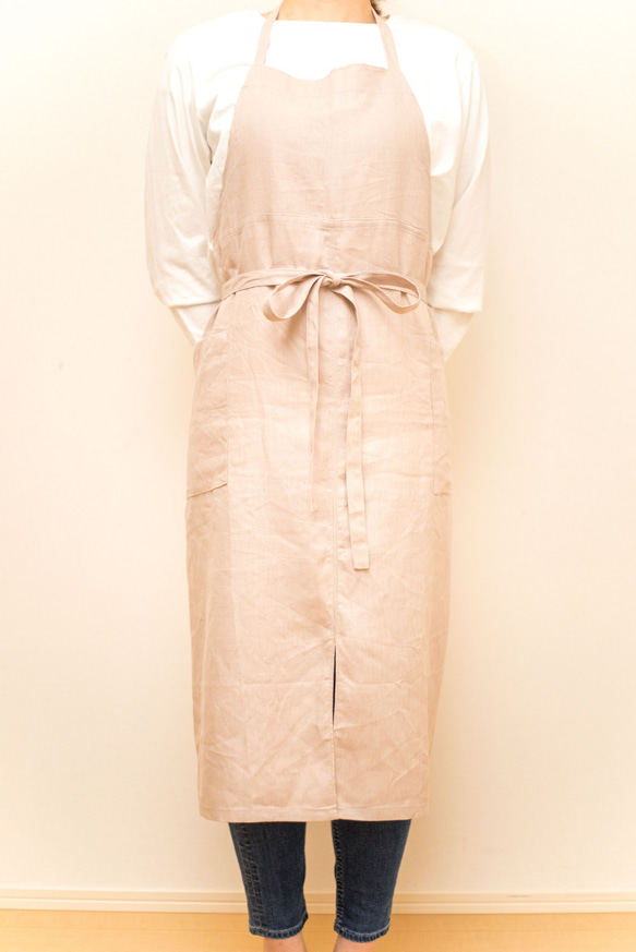 日本製国産リネン100% ピンクベージュ フルエプロン ロング 巻きスカート 2wayタイプ 2枚目の画像