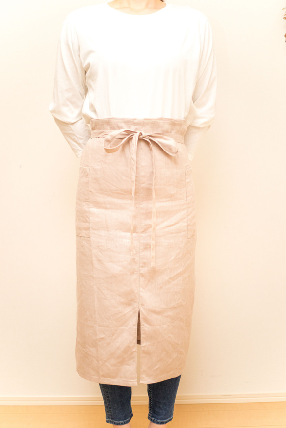 日本製国産リネン100% ピンクベージュ フルエプロン ロング 巻きスカート 2wayタイプ 5枚目の画像