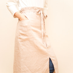 日本製国産リネン100% ピンクベージュ フルエプロン ロング 巻きスカート 2wayタイプ 6枚目の画像