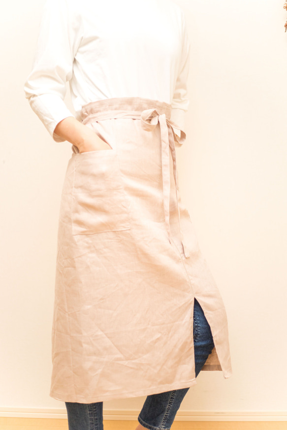 日本製国産リネン100% ピンクベージュ フルエプロン ロング 巻きスカート 2wayタイプ 6枚目の画像