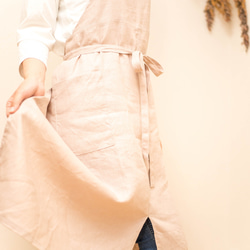 日本製国産リネン100% ピンクベージュ フルエプロン ロング 巻きスカート 2wayタイプ 8枚目の画像