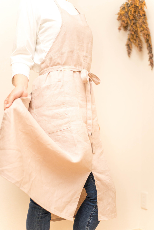 日本製国産リネン100% ピンクベージュ フルエプロン ロング 巻きスカート 2wayタイプ 8枚目の画像