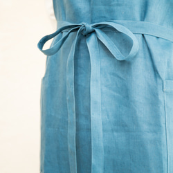 ☆リネン100%☆シンプルロングフルエプロン　巻きスカートタイプ　ブルー 5枚目の画像