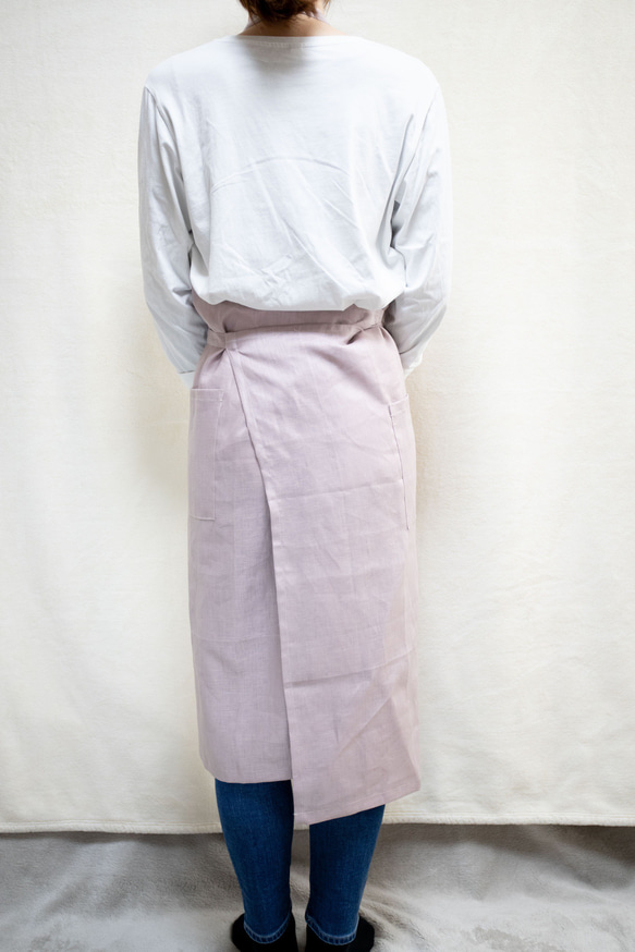 ☆リネン100%☆ ロングフルエプロン　巻きスカートタイプ　　さくらピンク 3枚目の画像