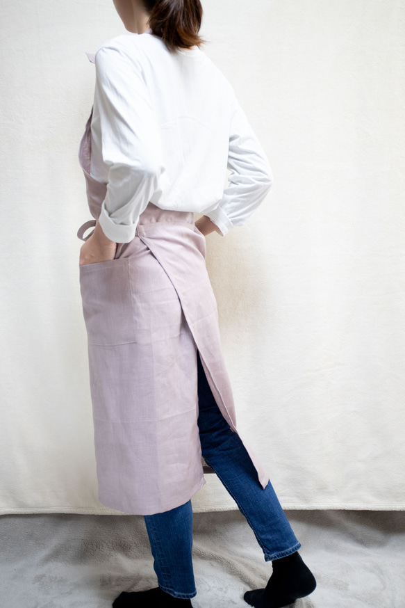 ☆リネン100%☆ ロングフルエプロン　巻きスカートタイプ　　さくらピンク 4枚目の画像