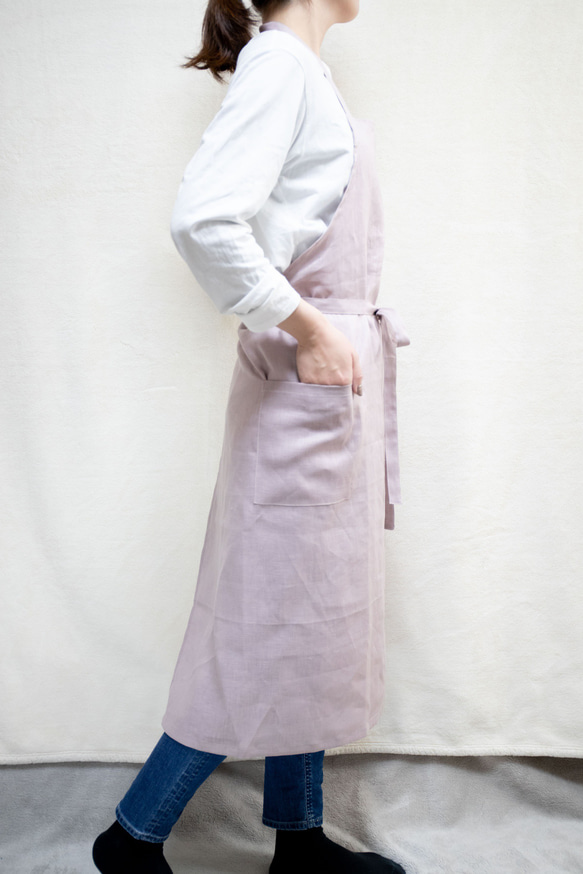 ☆リネン100%☆ ロングフルエプロン　巻きスカートタイプ　　さくらピンク 5枚目の画像