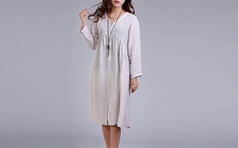 綿麻生地 前開きボタン付き Vネック長袖ワンピース ♪Light Gray♪