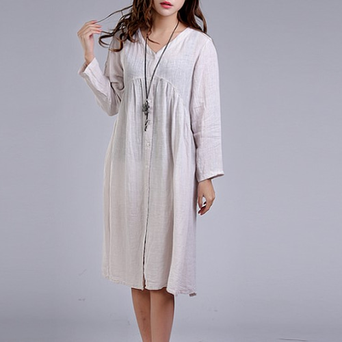 綿麻生地 前開きボタン付き Vネック長袖ワンピース ♪Light Gray