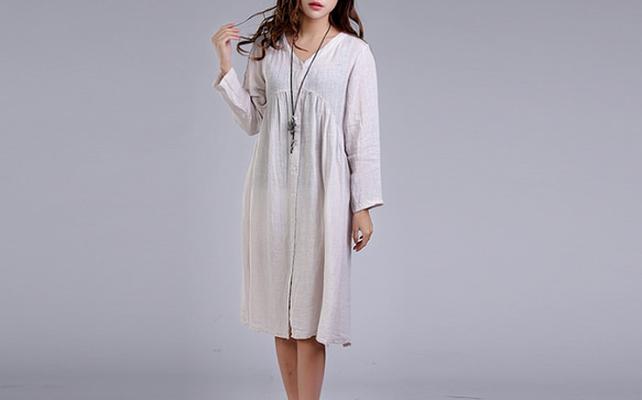 綿麻生地 前開きボタン付き Vネック長袖ワンピース ♪Light Gray