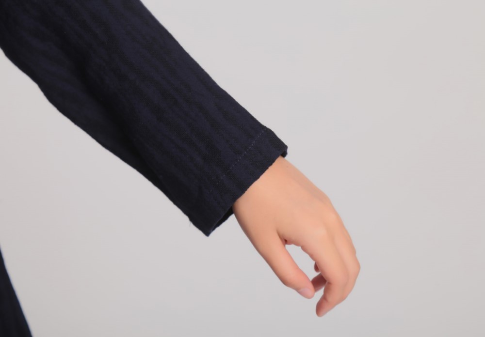 綿麻生地 ゆったり柄入り厚手長袖ワンピース ☆Navy☆