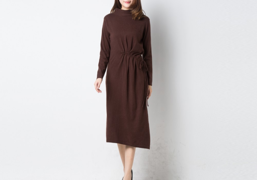 ウール混素材  着心地良く暖かいニット長袖ワンピース ☆RedBrown☆