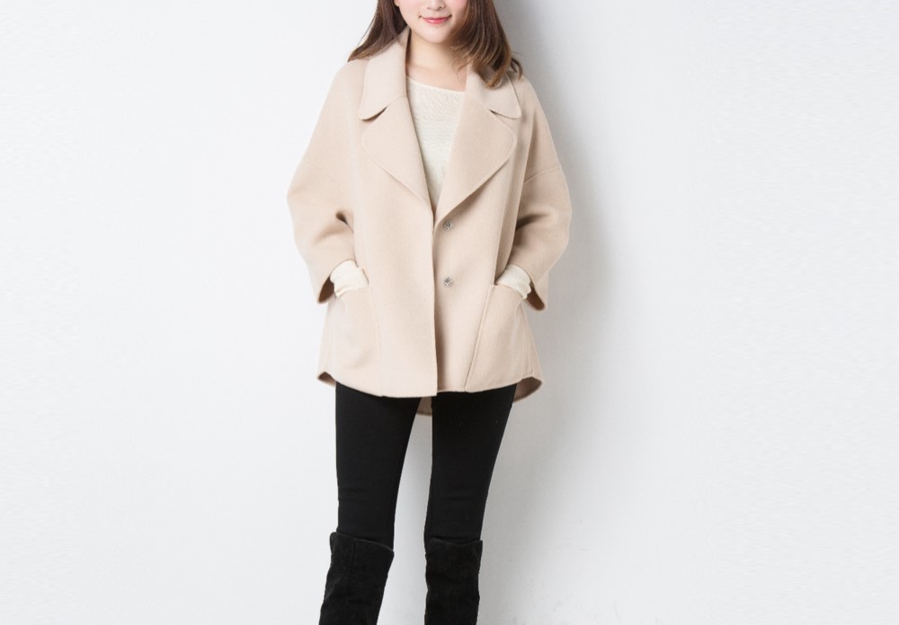 カシミヤ混素材 ダブルフェイスポンチョ風ショートコート ☆オーダーメイド可☆