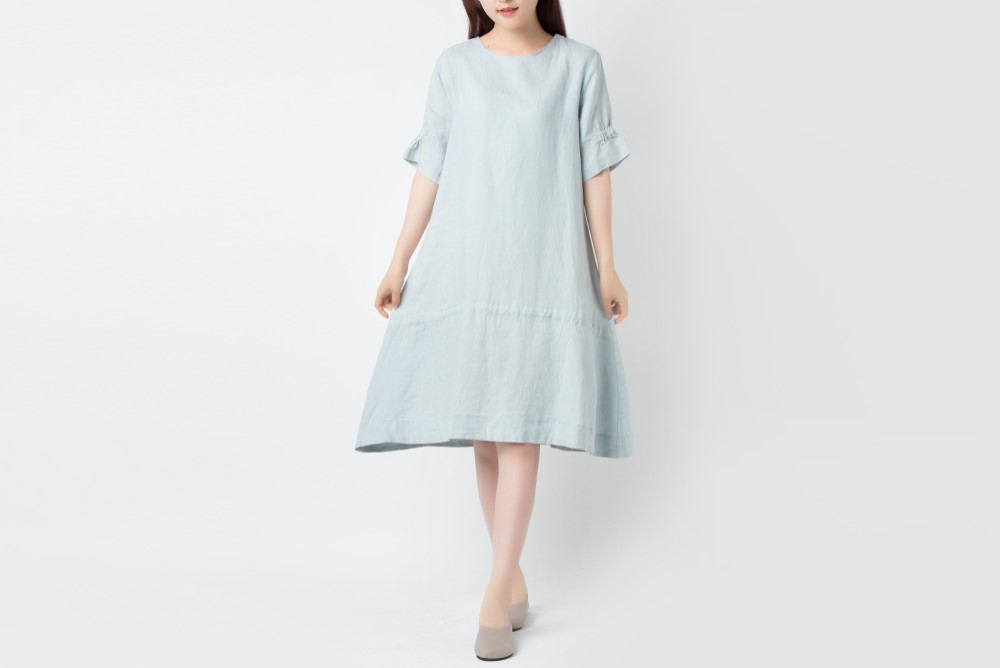 リネン 袖口ギャザ― Aライン半袖ワンピース