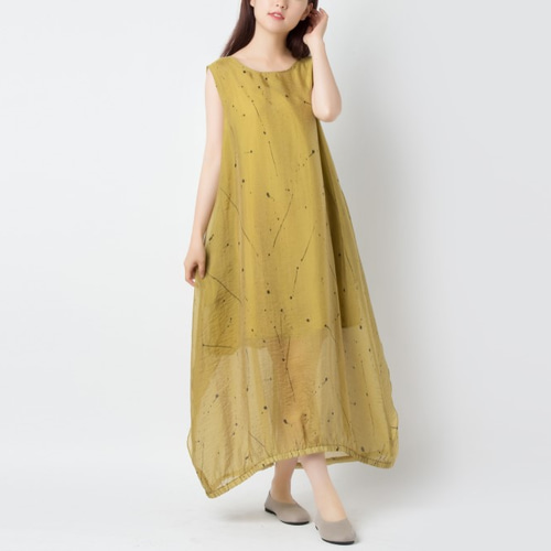 軽やか涼しげ 後ろ重ね着風ノースリーブワンピース ♪Yellow