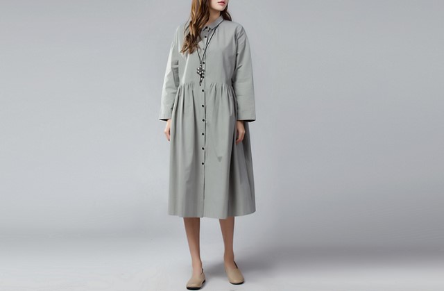 コットン生地 前開きハイウェスト長袖ワンピース＆コート ♪Light Gray♪