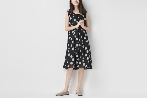 新品LINGUA FRANCA黒ドット柄フリルノースリーブワンピース