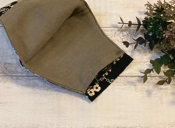 エンブロイダリー 刺繍　立体マスク  ブラック　フィルターポケット付き 4枚目の画像