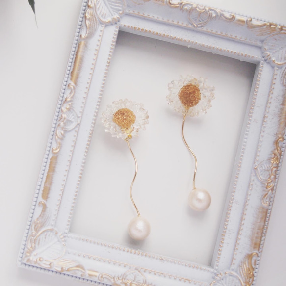Clear Flower & Swing Cotton Pearl Pierce ( pierce /earring